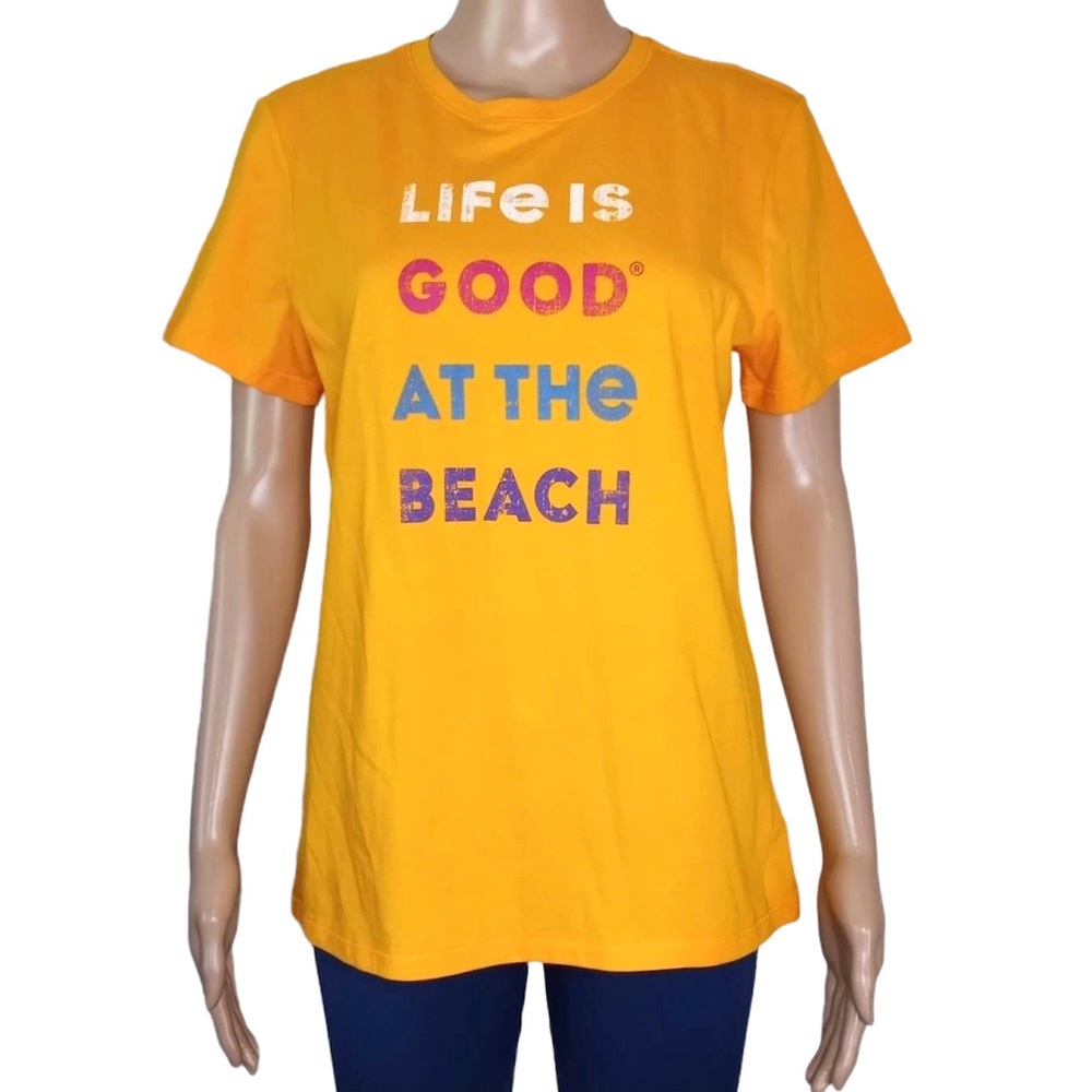 Life Is Good Women’s SS Short Sleeve Tee Shirt Graphic At The Beach Yellow Small